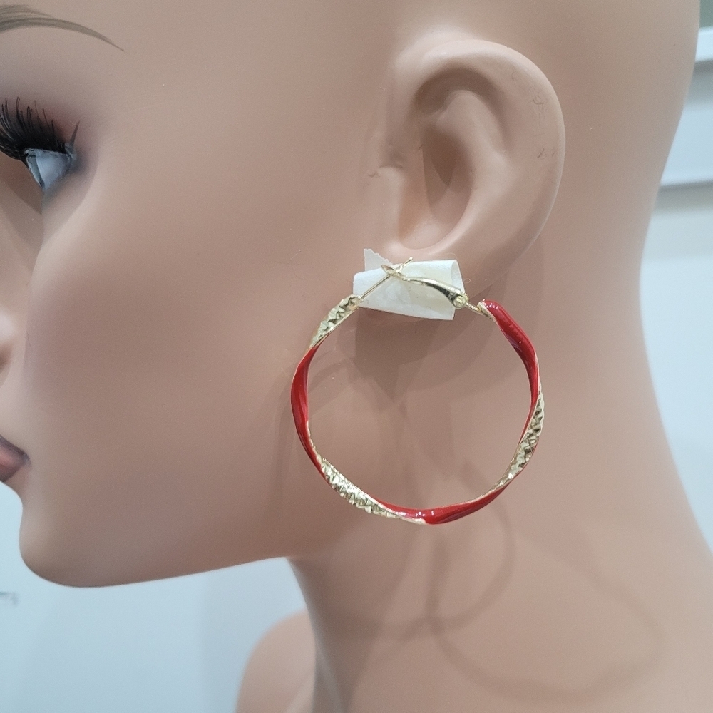 Brand New Gold Tone Red Twist Hoop Earrings